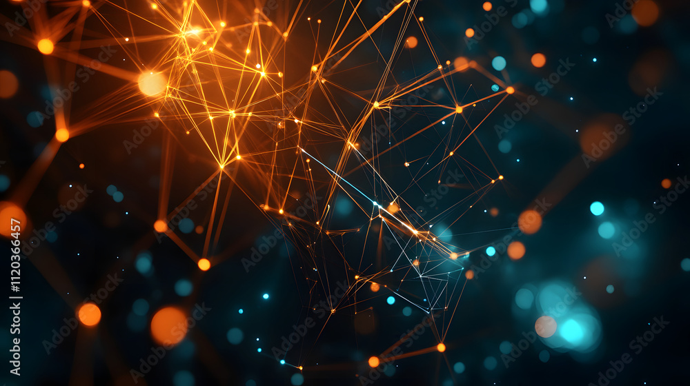 Poster a glowing network of interconnected orange nodes and lines forming a futuristic digital web against 