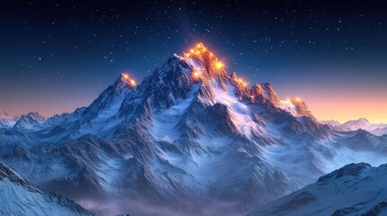 Warm lights illuminate peaks at night, creating a stunning contrast with the deep blue sky