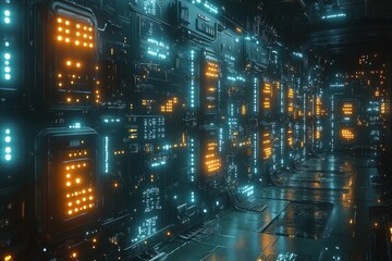 Futuristic corridor with glowing panels and circuitry, suggesting advanced technology.