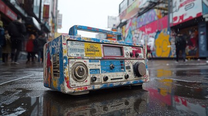 Obraz premium Colorful, weathered boombox sits on a rain-slicked city street.