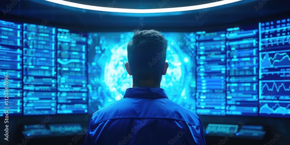 Poster a person in a blue suit stands before a high-tech control panel, surrounded by glowing screens displ