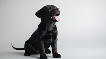 Adorable Black Labrador Puppy Sitting Upright with Playful Expression and Tongue Out Against a Soft Neutral Background