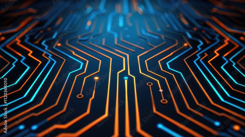 Poster a vibrant, abstract representation of a circuit board with intricate lines and glowing pathways in b