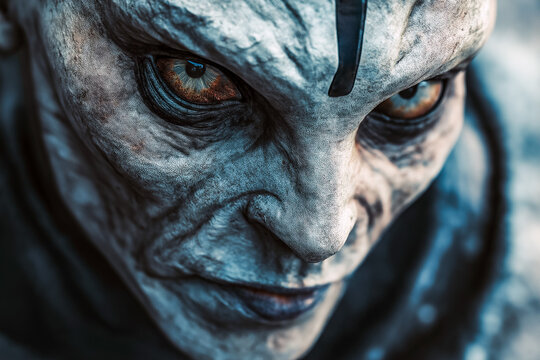 Extreme Close-up of a hybrid humanoid alien creature with intense eyes 