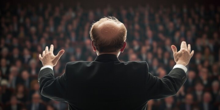 A person stands on stage, arms raised, addressing a large audience in a dimly lit hall, focusing on public speaking and engagement.