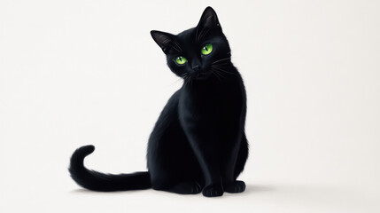 A Beautiful Black Cat with Striking Green Eyes Sitting Elegantly Against a Soft Neutral Background, Emphasizing Its Grace and Charm in a Captivating Portrait