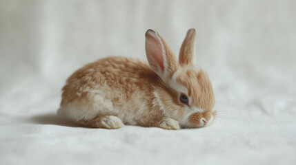 Obraz premium Adorable fluffy rabbit resting peacefully on a soft white surface, capturing the essence of cuteness and tranquility in a serene environment for animal lovers and photographers.