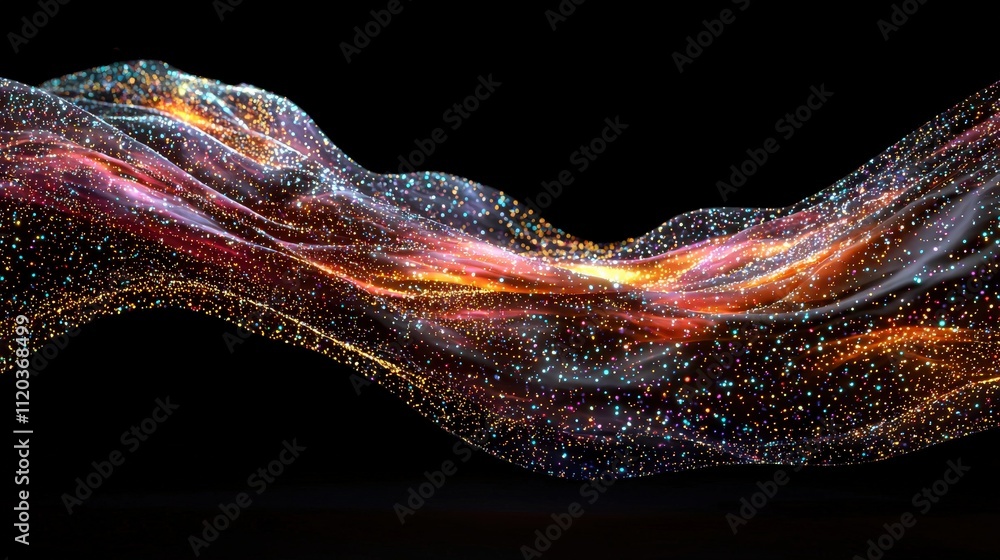 Poster Dynamic particle stream, a flowing motion of glowing dots on a dark background