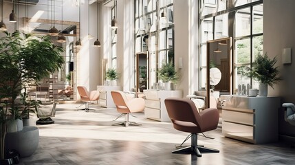 A photo of a hair salon with natural light and comfortable sitting
