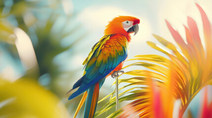 Obraz premium Vibrant Scarlet Macaw Perched on Lush Greenery in a Tropical Paradise Under Bright Sunlight