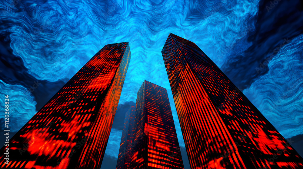 Poster three glowing skyscrapers in red light contrast sharply with a dynamic swirling blue sky, creating a
