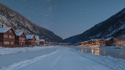 Fototapeta premium Snowy village at night with starlit sky and frozen river.