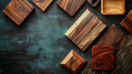 Fototapeta premium Natural wooden coasters on a teal textured surface