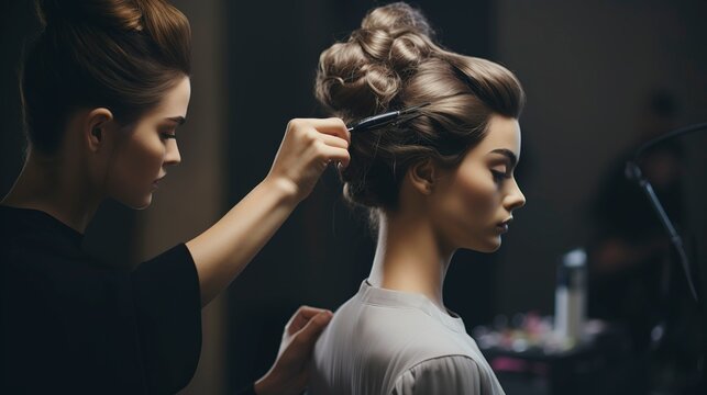 A photo of a hairstylist blow-drying a clients hair.