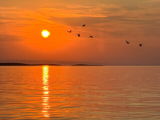 Silhouette of birds flying during breathtaking fiery sunset over calm Adriatic Mediterranean Sea in...