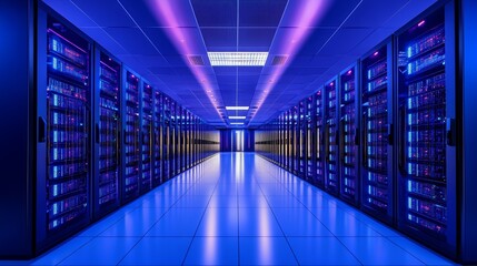 High tech data center corridor with glowing LED lights leading to rows of supercomputers and advanced technology displays