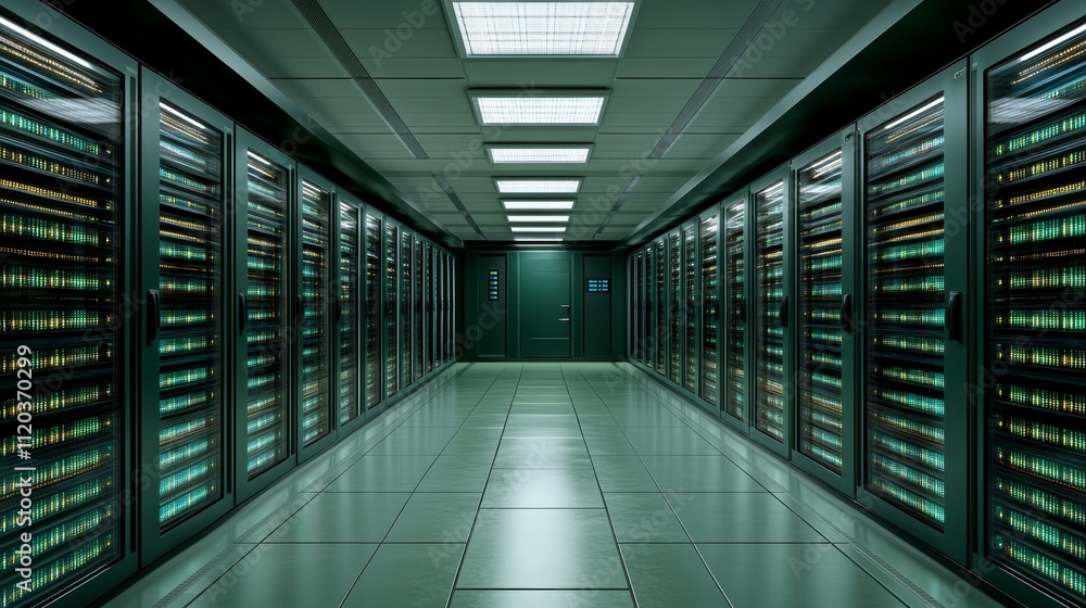Poster futuristic server room showcasing glowing connection lines and advanced data management technology i