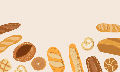 Banner with a variety of bakery products. Baguette, ciabatta, loaf, rye bread, buns, bagel