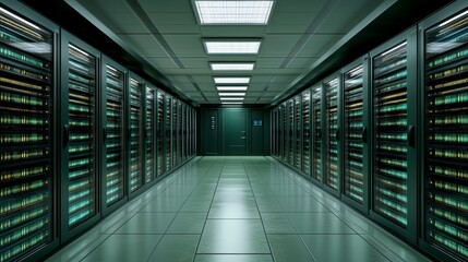 Fototapeta premium Futuristic server room showcasing glowing connection lines and advanced data management technology in a cinematic style