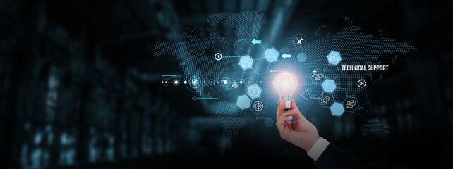 Technical Support: Troubleshooting, customer assistance, IT solutions, problem resolution, network support, system maintenance. Businessman hand holding creative light bulb with innovative technology.