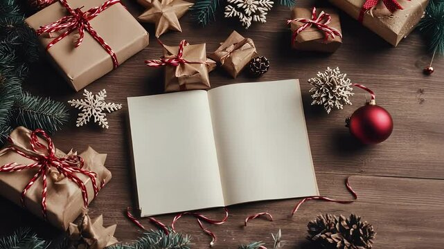  Open Book Surrounded by the Accoutrements of Christmas Cheer Ready for Festive Messages and Warm Wishes