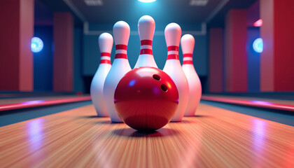 Bowling Alley Scene with Red Ball and Pins