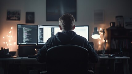 Real time data analyst works in a modern white and light workspace surrounded by multiple screens showcasing data analysis tools and strategies