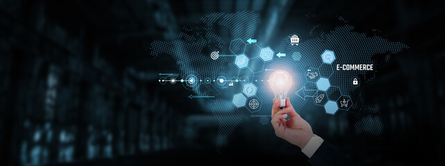 E-commerce: Online shopping, digital transactions, marketplace platforms, payment gateways, product listings. Businessman hand holding creative light bulb with innovative technology.