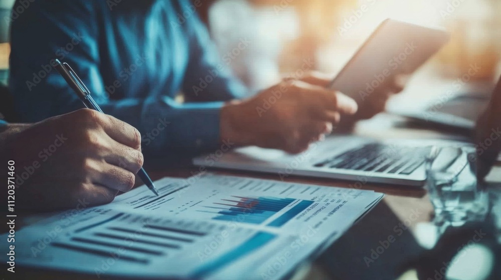 Poster analyzing business reports office setting digital media professional environment close-up view data 
