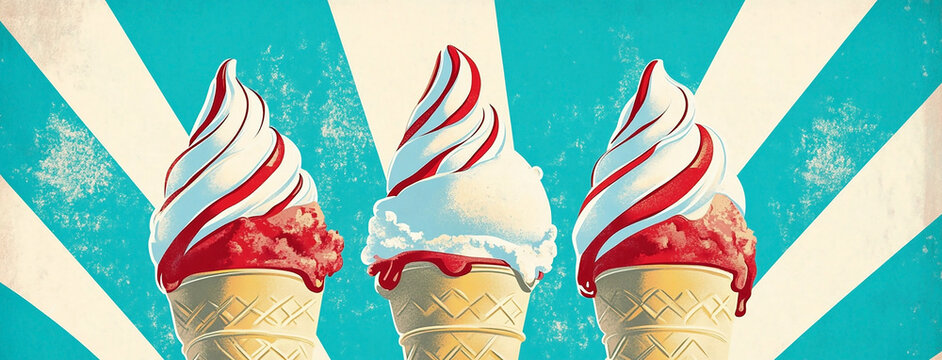 Wide panoramic Vintage style cover illustartion background with colorful flavoured ice cream cones in creamy background  