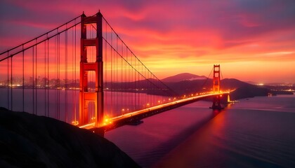 Golden Gate bridge during sunset, the sky painted in shades of orange and pink, with silhouettes of distant mountains under the fading light