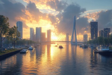 A vibrant sunset over a city skyline with a bridge and boats on the water.