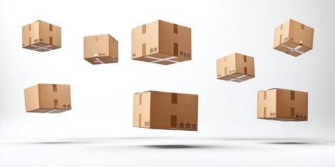 Fototapeta premium Postal boxes tumbling down against a crisp white background. A creative and energetic concept for delivery services. Banner with space for text