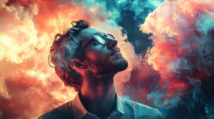Fototapeta premium Man surrounded by vivid smoke in a surreal atmosphere