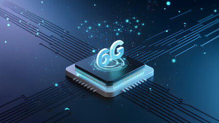 Futuristic concept of 6G technology with a glowing microchip and digital connections.