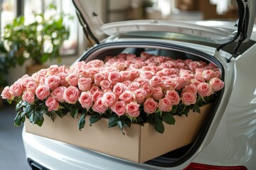 A car trunk filled with fresh, vibrant roses, ready for delivery. A lush and festive representation of floral celebrations. Banner with space for text