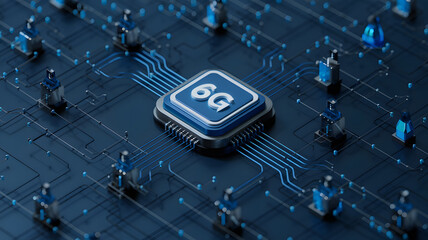 Futuristic concept of 6G technology with a glowing microchip and digital connections.