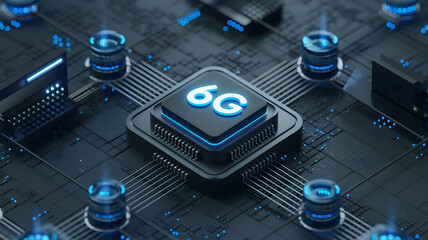 Futuristic concept of 6G technology with a glowing microchip and digital connections.