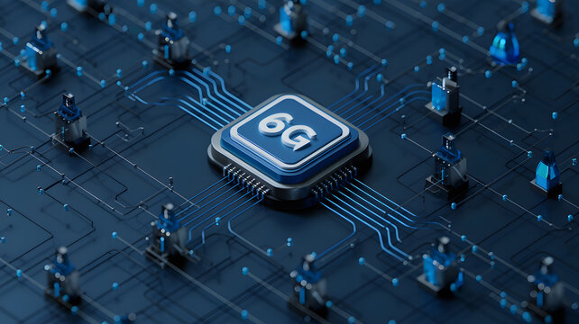 Futuristic concept of 6G technology with a glowing microchip and digital connections.