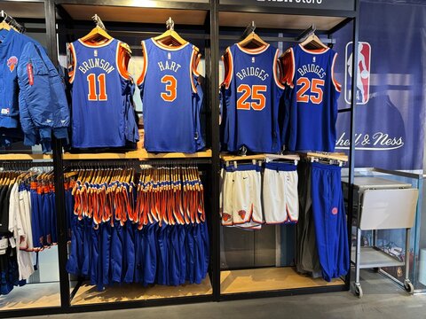 New York Knicks jerseys on sale at the NBA store in Manhattan.