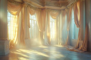 Architectural Photography of an Elegant Baroque Room with Flowing Drapes, Columns, Misty Atmosphere, and a Soft Red, Blue, Pink Color Palette

