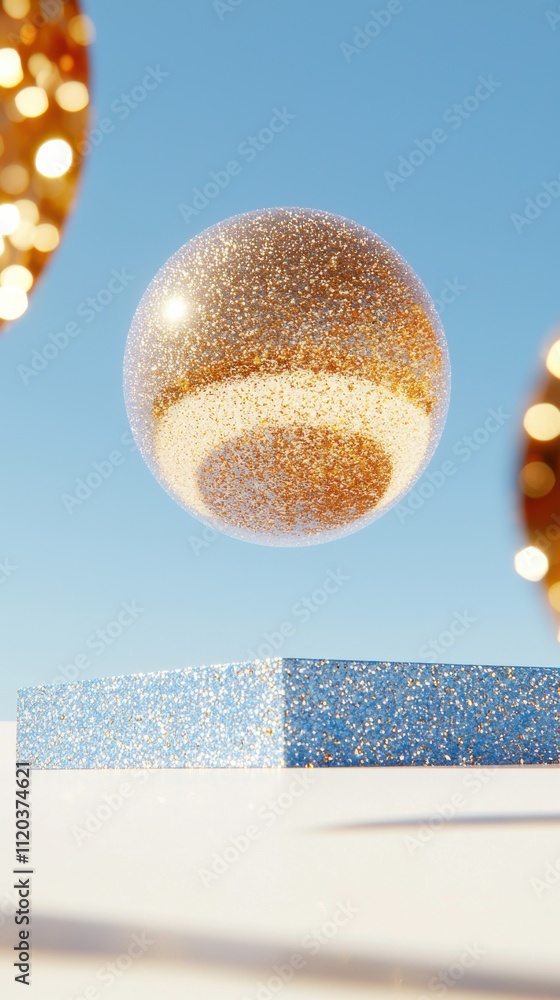Poster floating glitter sphere over sparkling surface calm environment 3d animation visual art concept for 