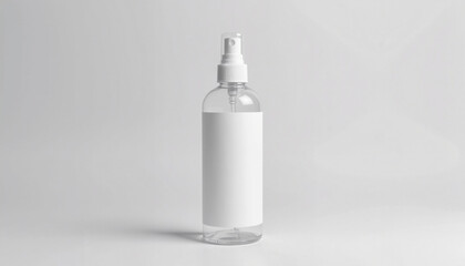 Clear spray bottle mockup with label on white background for personal care product branding and presentation