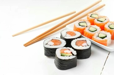 Sushi set with rolls and chopsticks on a white background, isolated stock photo. Sashimi and sushi rolls with salmon and avocado. Japanese food concept