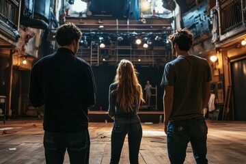 Group of performers observing a rehearsal in an old theater at dusk
