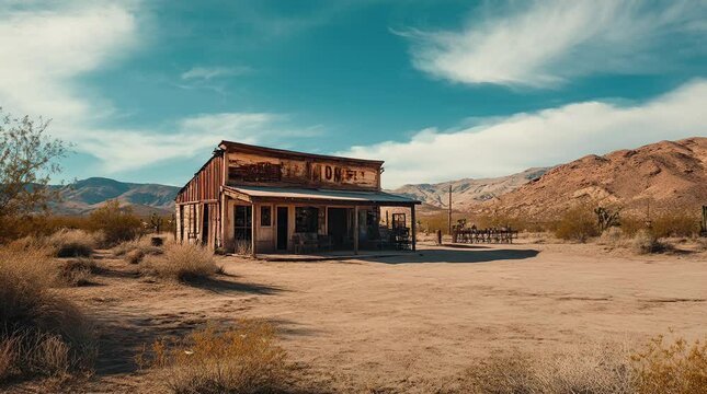 Rustic Wild West village under a bright sunny sky with wooden buildings  
Seamless looping 4k time-lapse virtual video animation Generated AI