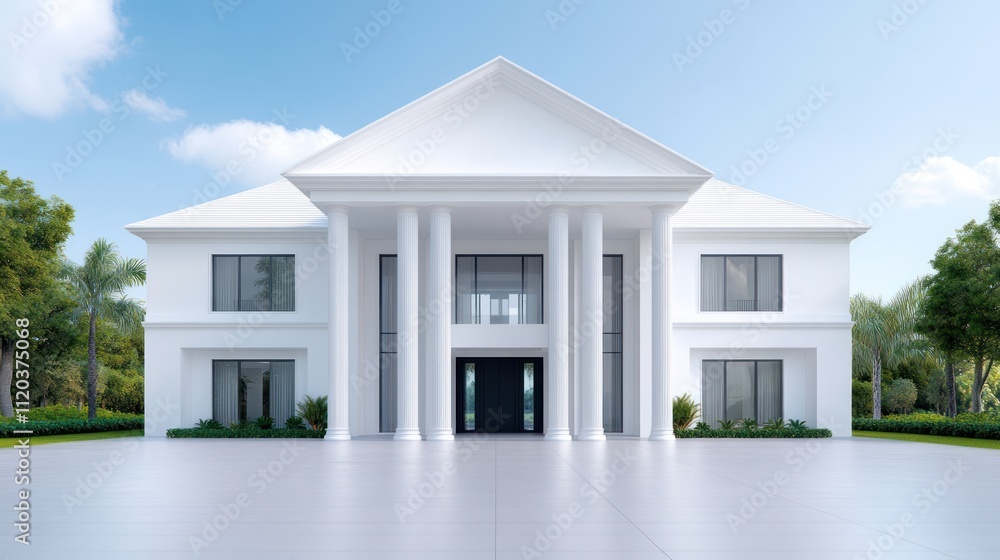 Poster modern white mansion with columns and large windows.