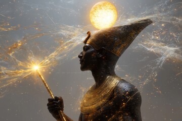Ra the radiant sun god ancient egypt digital art cosmic background side view symbolism of light and life