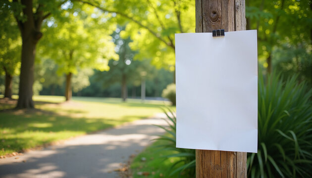 Outdoor flyer display mockup on wooden post in park for advertising and branding concept with copy space