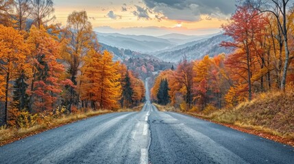 Naklejka premium Scenic autumn road through vibrant fall foliage-covered mountains at sunset.